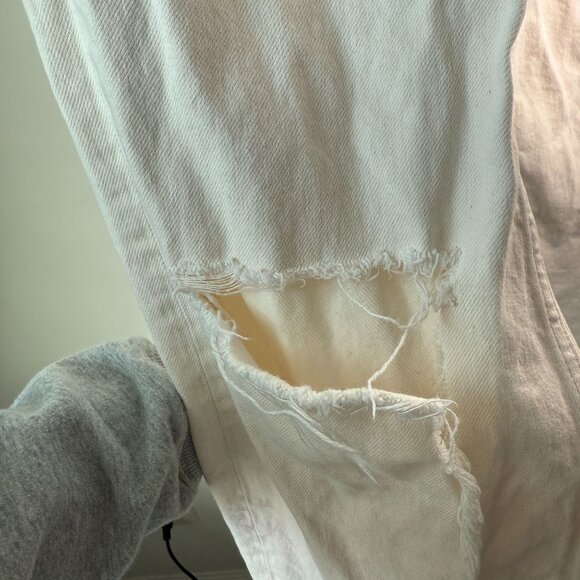 Mango Gabriela High Waist Distressed Knee Wide Leg Button Fly Jeans Ecru Sz 2 - Picture 7 of 13